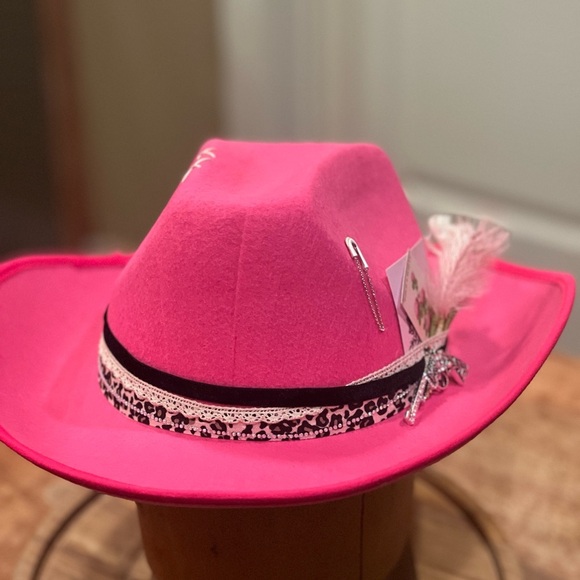 Handmade Pink Felt Cowgirl Hat with Feathers, Gems, and Leopard Print - Picture 1 of 9